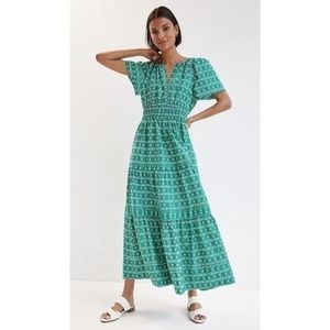 Anthropologie Tiered Green Print Somerset Maxi Dress EUC XL